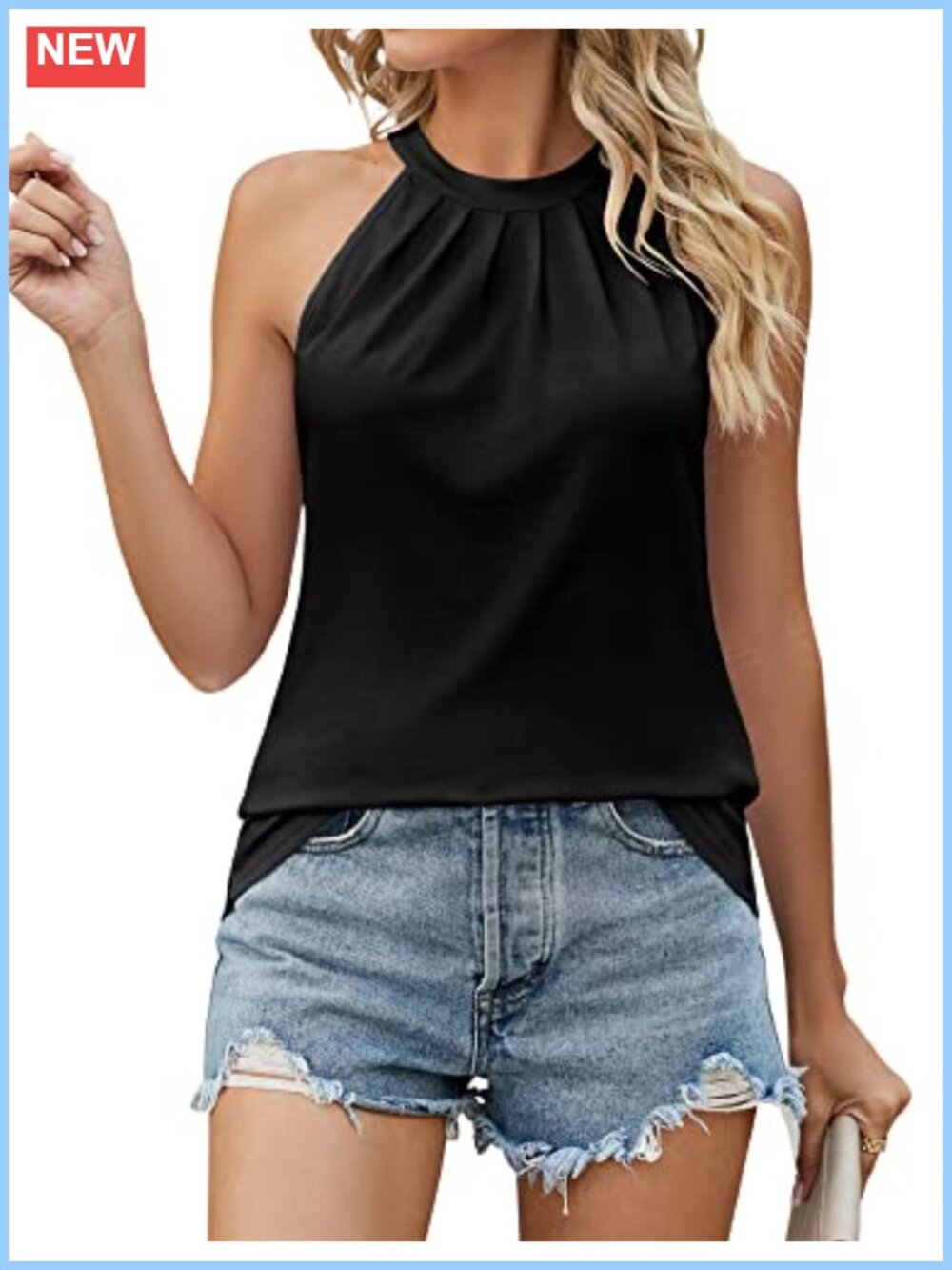Pleated High Neck Halter Tank Top Sleeveless Loose Fit Women's Shirt